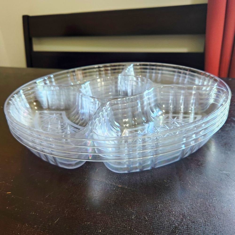 Set of 4 Clear Plastic Round Divided Etched Starburst Serving Trays